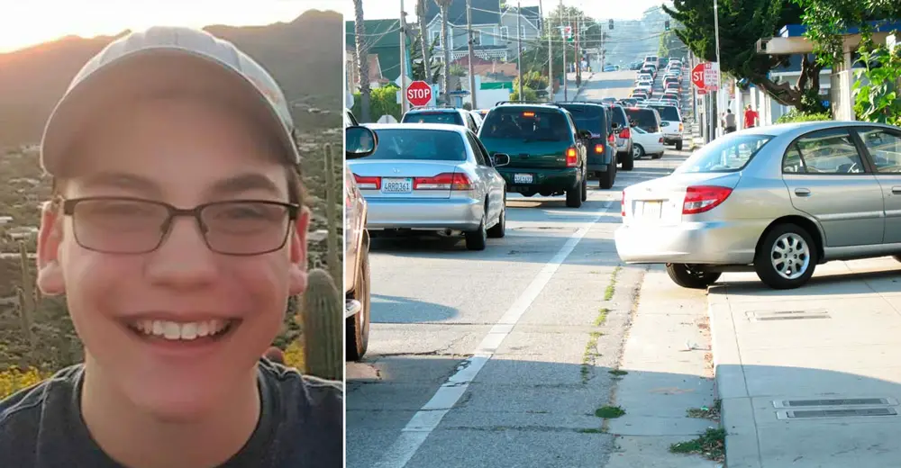 Motorists Speed Past Truck Parked At Stop Sign. Teen Approaches And ...